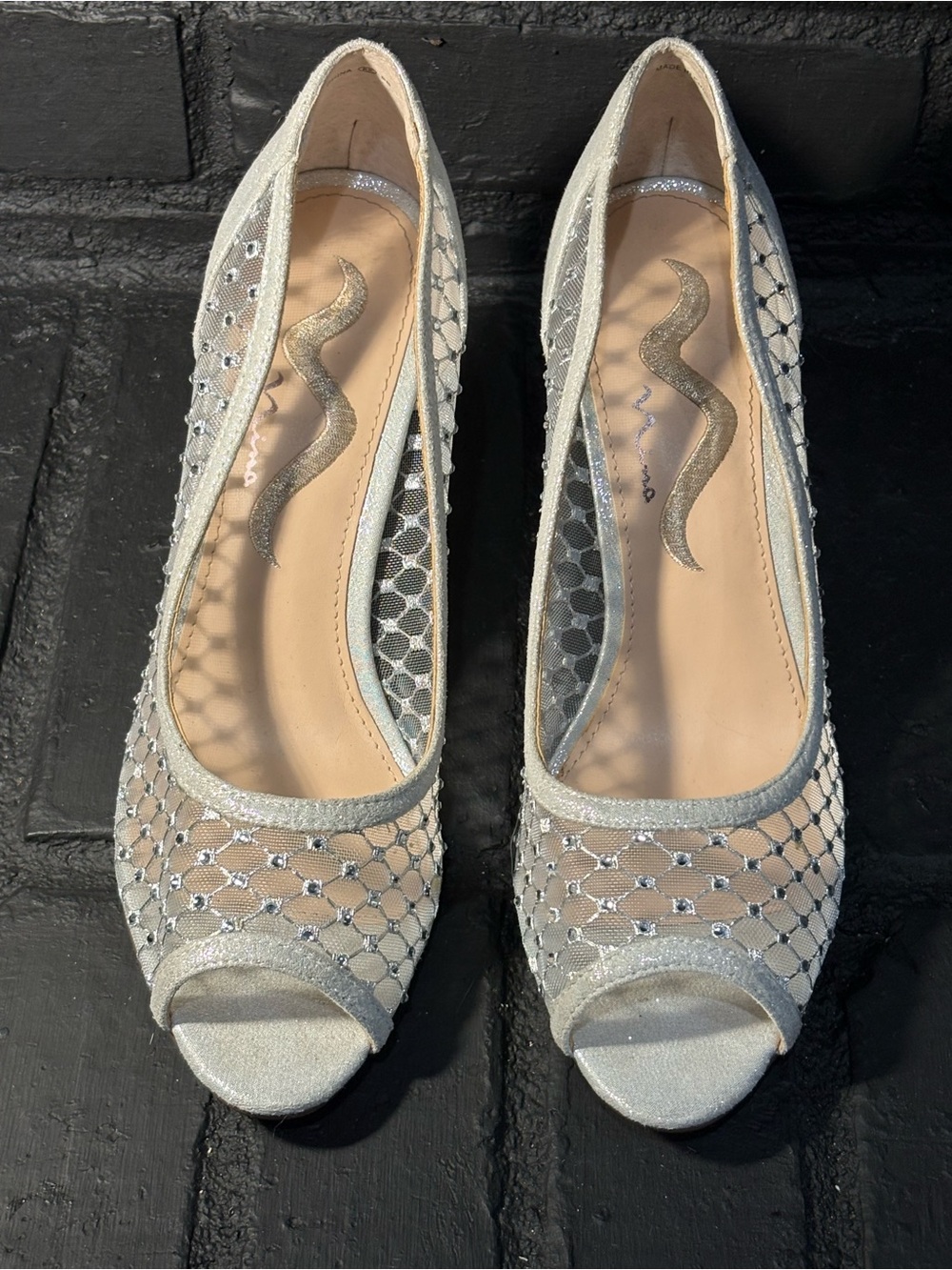 Nina Silver Mesh Peep-Toe Heels